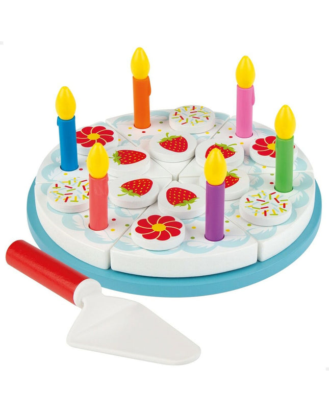 Set of six wooden Woomax Tarta 26 toy components for imaginative play, featuring natural wood textures and colorful details.