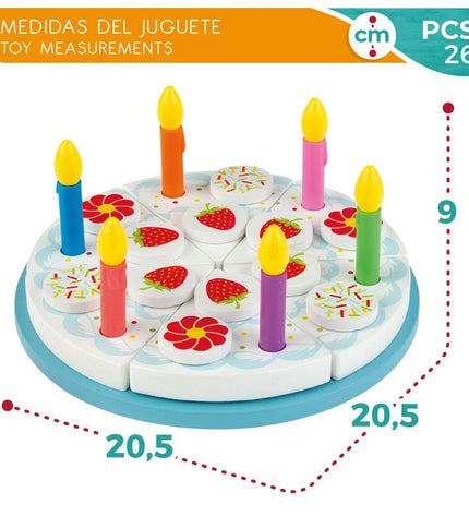 Woomax Tarta 26 wooden toy set with six colorful interlocking pieces for imaginative play and role-playing games.