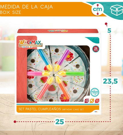 Set of six wooden Woomax Tarta 26 toy parts for imaginative play, part of Woomax's imiteerspelletjes speelgoed en games collection.