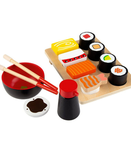 Woomax Sushi wooden play set with 14 pieces, including 6 parts, for imaginative pretend food and role-play activities.