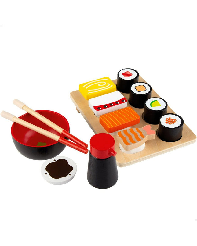 Woomax Sushi wooden play set with 14 pieces, including 6 parts, for imaginative pretend food and role-play activities.