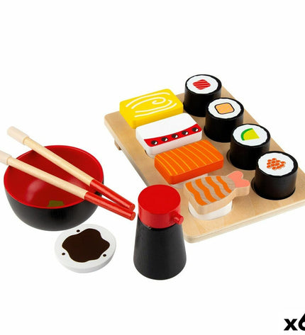 Woomax Sushi wooden play set with 14 pieces, including 6 sushi-themed toys for imaginative role-playing and pretend play.