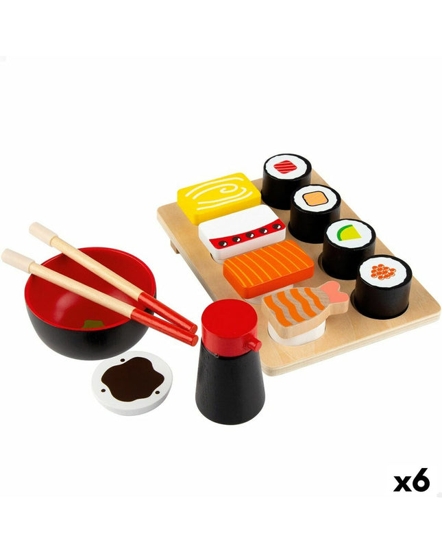 Woomax Sushi wooden play set with 14 pieces, including 6 sushi-themed toys for imaginative role-playing and pretend play.
