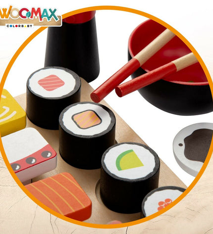 Woomax Sushi 14-piece wooden play set with 6 parts, ideal for children to imitate cooking and role-playing games.