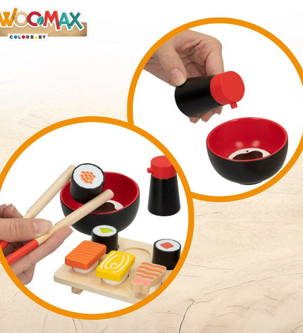 Woomax Sushi wooden toy set with 14 pieces, including 6 sushi items, for imaginative play and role-playing fun.