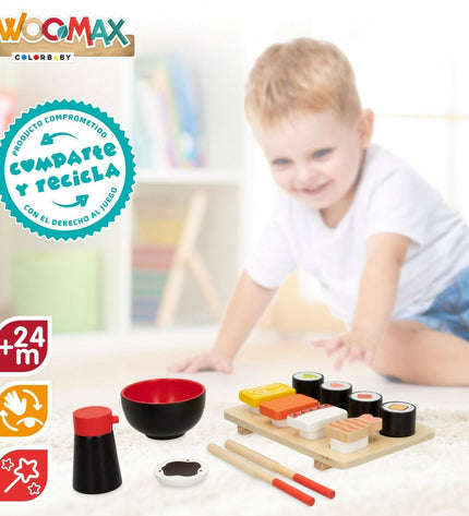 Woomax Sushi wooden play set with 14 pieces, including various colorful sushi and food items for children’s imaginative play.