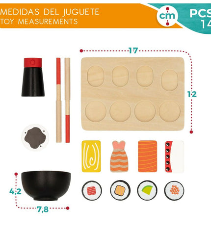Woomax Sushi wooden play set with 14 pieces, including colorful toy food and utensils for imaginative pretend sushi cooking.