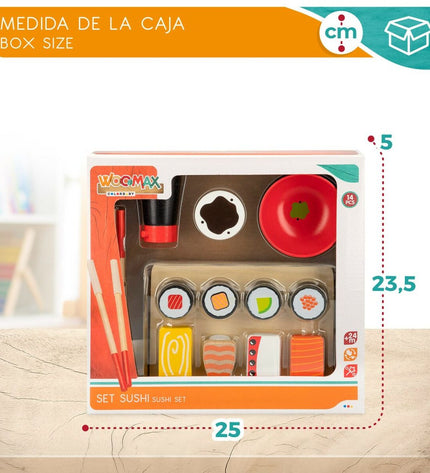 Woomax Sushi wooden play set with 14 pieces, including 6 sushi-themed parts, for imaginative play and pretend food games.