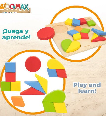Woomax wooden children's puzzle with 12 month shapes, 16 pieces, colorful animal and object illustrations for early learning.