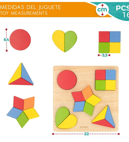 Woomax wooden children's puzzle with 16 pieces featuring shape and month symbols, designed for early learning and play.