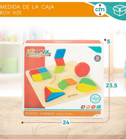 Woomax wooden children's puzzle with 16 pieces, featuring shape matching and 12-month age markers, for early learning and play.