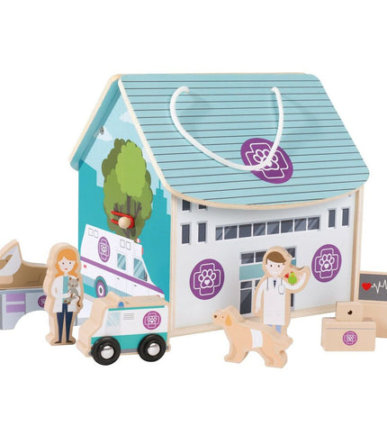 Woomax dierenarts playset with 9 pieces for kids, featuring animal figures and accessories, measuring 19x18x19 cm.