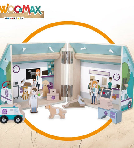 Woomax dierenarts speelset with 9 pieces, including tools and accessories, on a 19x18x19 cm surface for imaginative play