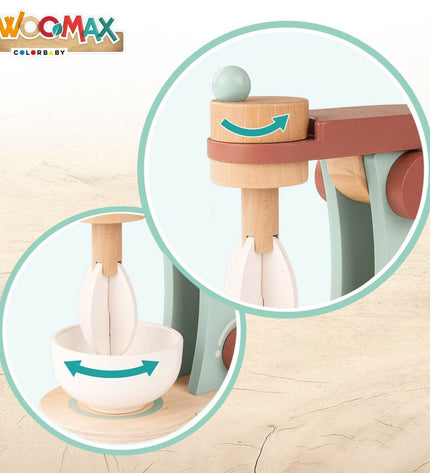 Set of six Woomax toy mixers, each measuring 10x18x17 cm, designed for pretend play and imaginative gaming.