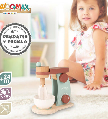 Set of six Woomax toy mixers, 10x18x17 cm, colorful pretend kitchen appliances for children’s imiteerspelletjes and role play.