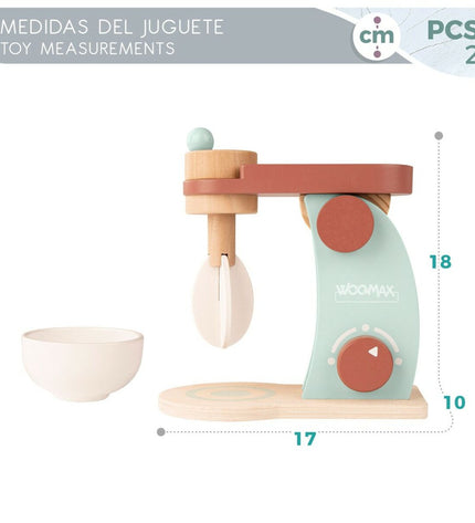 Six Woomax toy mixers, colorful plastic kitchen playsets, measuring 10x18x17 cm, designed for imaginative pretend play.