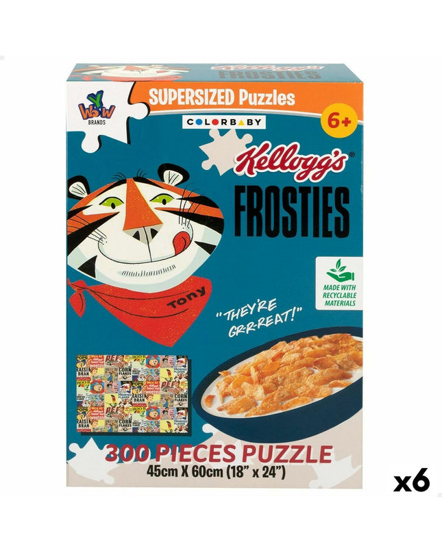Colorbaby Frosties puzzle set with 300 pieces, six colorful cereal-themed jigsaw puzzles, 60x45 cm, suitable for kids.