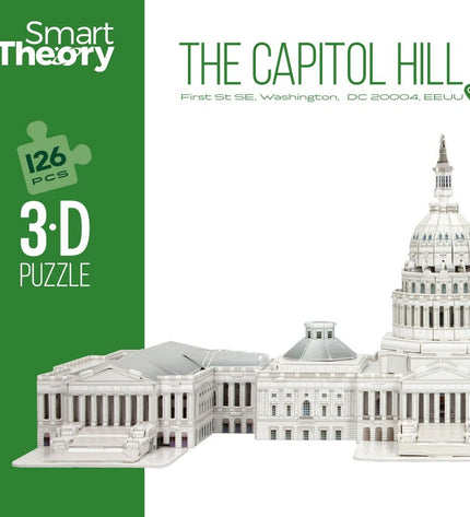 Colorbaby 3D Capitolio puzzle with 126 pieces, showing assembled colorful building model, measuring 52.5 x 20.5 x 23.5 cm.