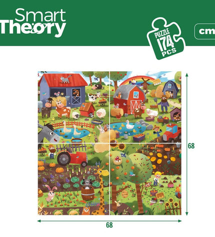 Colorbaby 4-in-1 farm puzzle with 174 pieces, featuring colorful farm scenes on 68x68 cm wooden puzzle boards.