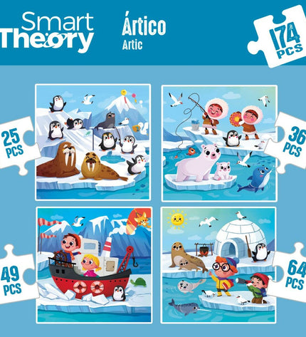 Colorbaby Arctic 4-in-1 puzzle set with 174 pieces, colorful toys for kids, laid out on a flat surface, vibrant and engaging.