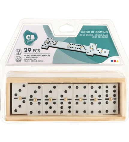 Set of six CB Games dominoes with black and white tiles, perfect for family fun and tabletop gaming.