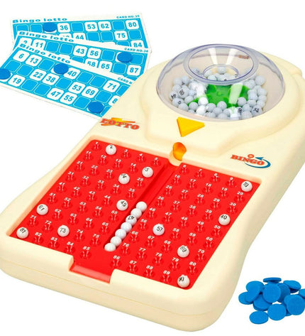 Six CB Games automatic Bingo cardboard and plastic game sets for kids, featuring colorful bingo cards and accessories.