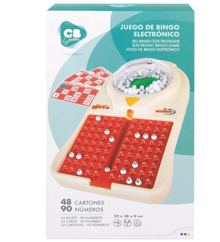 Six CB Games automatic bingo cardboard and plastic game sets for kids, featuring colorful bingo cards and game accessories.