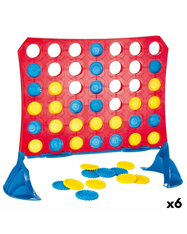 Six CB Games 4 Op Eén Rij toy sets with 42 pieces, featuring colorful game components in a compact 31.5 x 26 x 13 cm size.