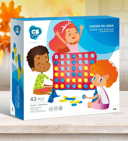 Set of six CB Games 4 Op Eén Rij puzzle toys with 42 pieces, measuring 31.5 x 26 x 13 cm, featuring colorful game components.