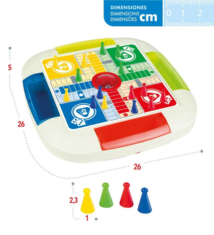 Set of six CB Games Parchis en Oca game boards, colorful wooden game pieces, measuring 26x5x26 cm each, for family fun.