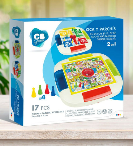 Set of six CB Games Parchis en Oca game boards, 26x26 cm, colorful plastic playing surfaces for family board games.