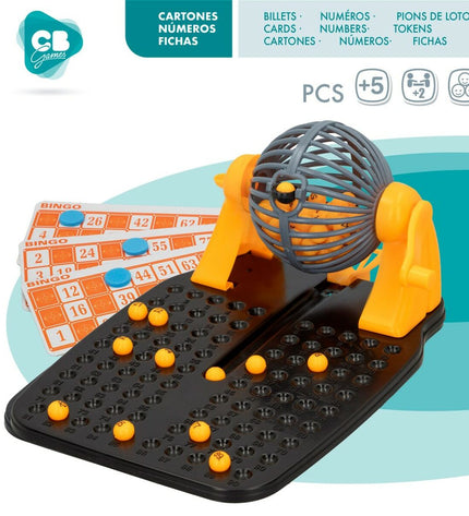 Six CB Games Bingo CB Games cardboard and plastic game pieces for bingo, colorful and stackable, designed for fun and easy handling.