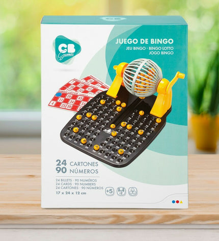 Six CB Games Bingo CB plastic game cards for bingo, featuring colorful printed numbers on sturdy cardboard and plastic material.