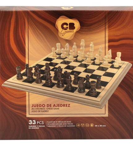 Set of four wooden chess games by CB Games, featuring handcrafted chess pieces on wooden boards.