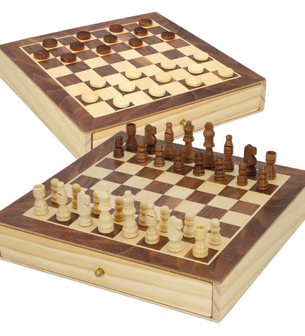 Set of four CB Games wooden chess and checkers game boards with drawers, ideal for classic toy and game enthusiasts.