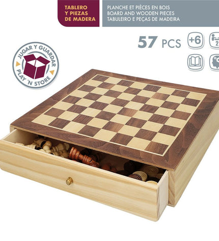 Set of four CB Games wooden chess and checkers game boards with storage drawers, ideal for playing and storing game pieces.