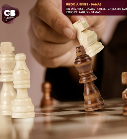 Set of four CB Games wooden chess and checkers game boards with storage drawers, ideal for kids and family game nights.
