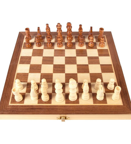 Set of six wooden chess games by CB Games, featuring classic chess pieces on natural wood boards for kids and adults.