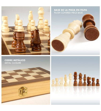 Six wooden chess sets by CB Games featuring classic black and natural wood pieces on a game board.