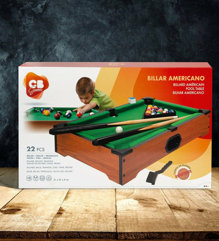 Two CB Games Tafelbiljart sets with 51x9x31 cm dimensions, featuring colorful billiard accessories and game surfaces.