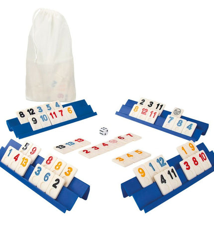 Six CB Games Rummi board game sets with 112 game pieces, featuring 24.5 x 3 x 6 cm packaging and colorful components.