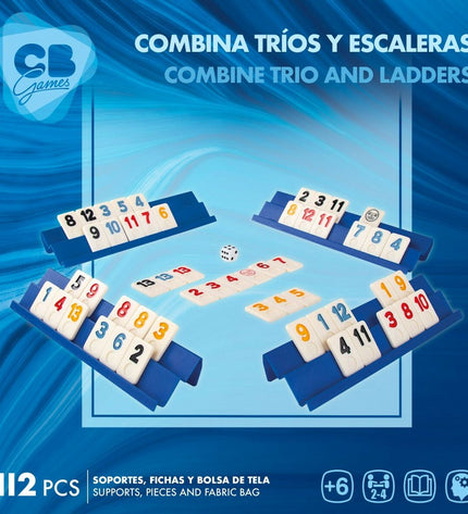 Set of six CB Games Rummi board games with 112 pieces, featuring colorful game tiles on a compact 24.5 x 3 x 6 cm tray.