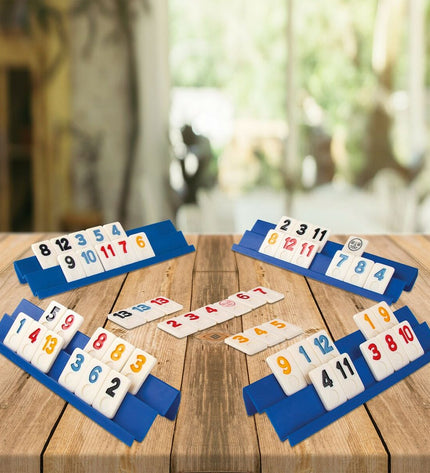 Set of six CB Games Rummi board games with 112 pieces, featuring colorful tiles on a compact 24.5 x 3 x 6 cm layout.