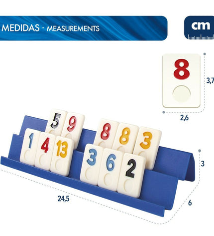 Set of six CB Games Rummi board games with 112 tiles, featuring colorful tiles and game pieces on a flat surface.