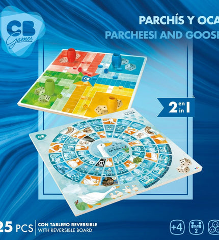 CB Games Parchis en Oca board game set with 25cm square wooden game boards and six sets of game pieces for children and families.