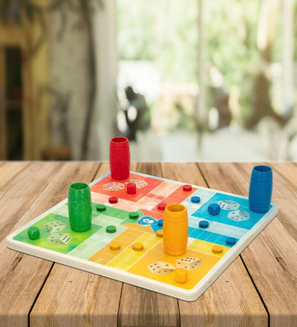 CB Games Parchis en Oca board game set with 25x25 cm game board and 6 sets of colorful playing pieces, suitable for kids and families.