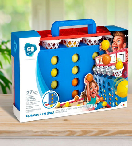 Six Colorbaby 4 Op Eén Rij game pieces, colorful plastic tokens, measuring 36.5 x 29 x 7 cm, for children’s educational play.