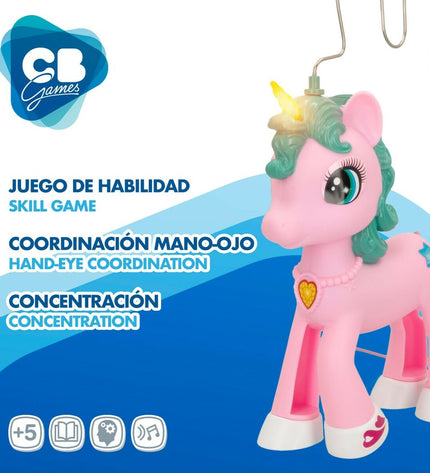 Set of six CB Games unicorn-themed board game pieces, colorful plastic toys for kids and family play.