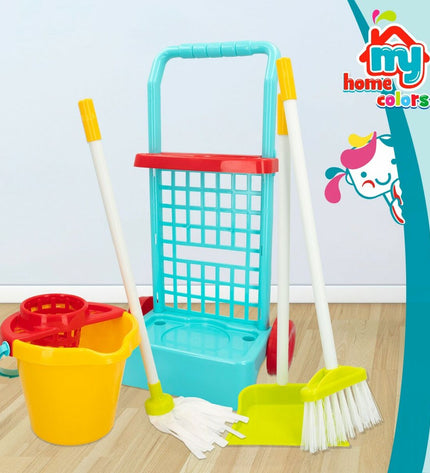 Colorbaby cleaning trolley with five accessories, toy cleaning cart for kids, measuring 30.5 x 55.5 x 19.5 cm, part of imiteerspelletjes.