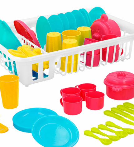 Colorbaby children's toy set with 35 washable pieces for pretend play, including utensils, dishes, and accessories.